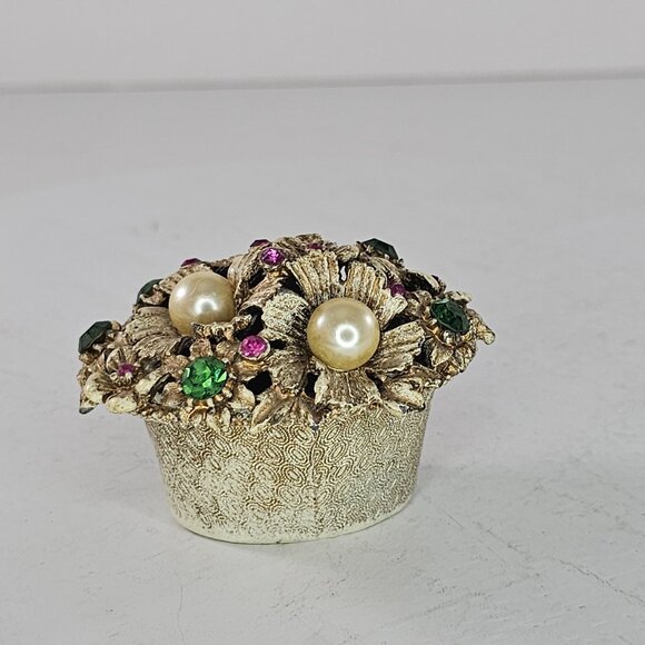 Vintage Florenza Gold-Toned Floral Basket Trinket Box Faux Pearls Rhinestones - Picture 4 of 9